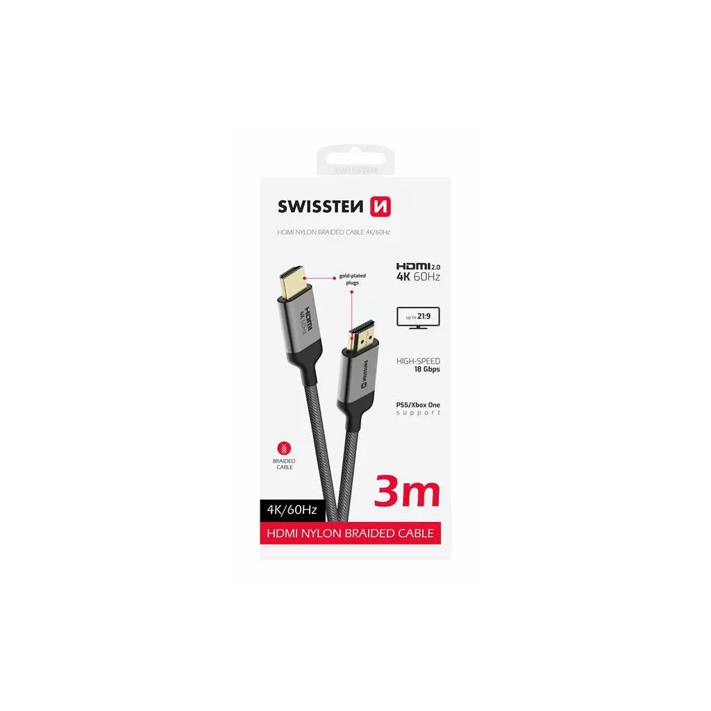 Obrázek produktu Swissten kabel HDMI na HDMI 4k 60hz 3,0 m