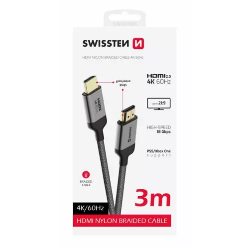 obrázek produktu Swissten kabel HDMI na HDMI 4k 60hz 3,0 m