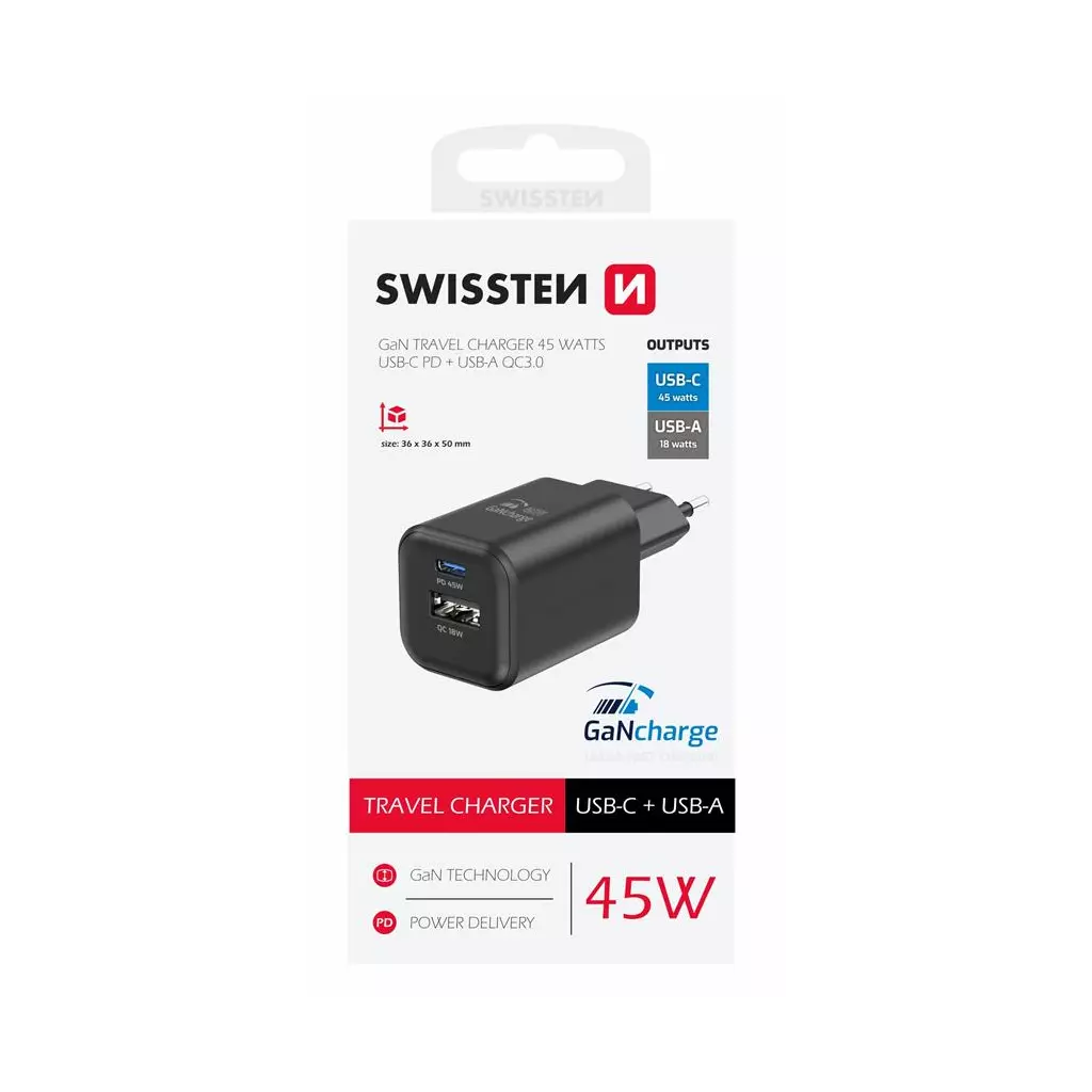 Obrázek produktu Swissten síťový adaptér Gan 1x USB-C 45W PD + 1x USB-A 18W QC černý