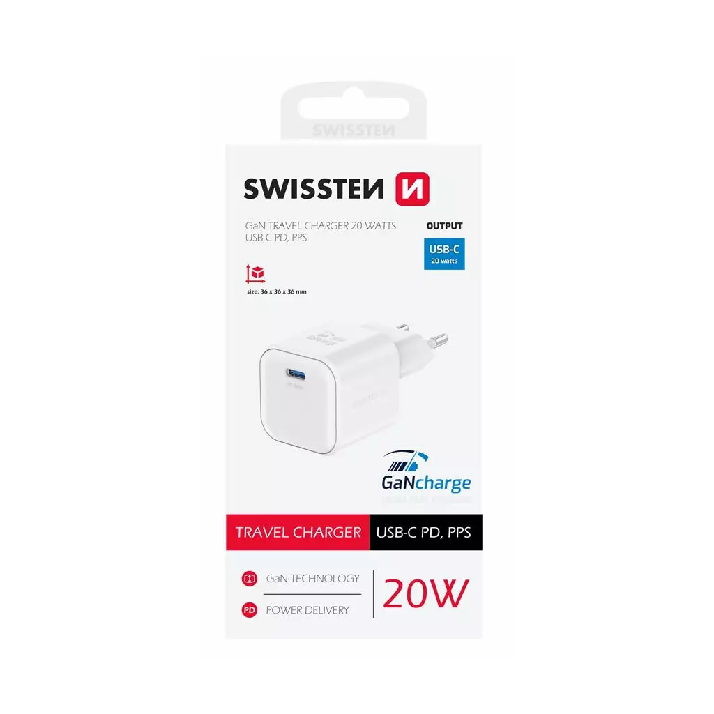 Obrázek produktu Swissten síťový adaptér Gan 1x USB-C 20W power delivery bílý