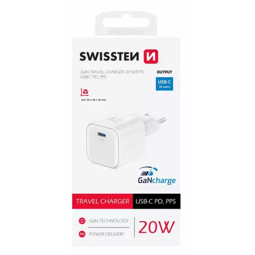 obrázek produktu Swissten síťový adaptér Gan 1x USB-C 20W power delivery bílý