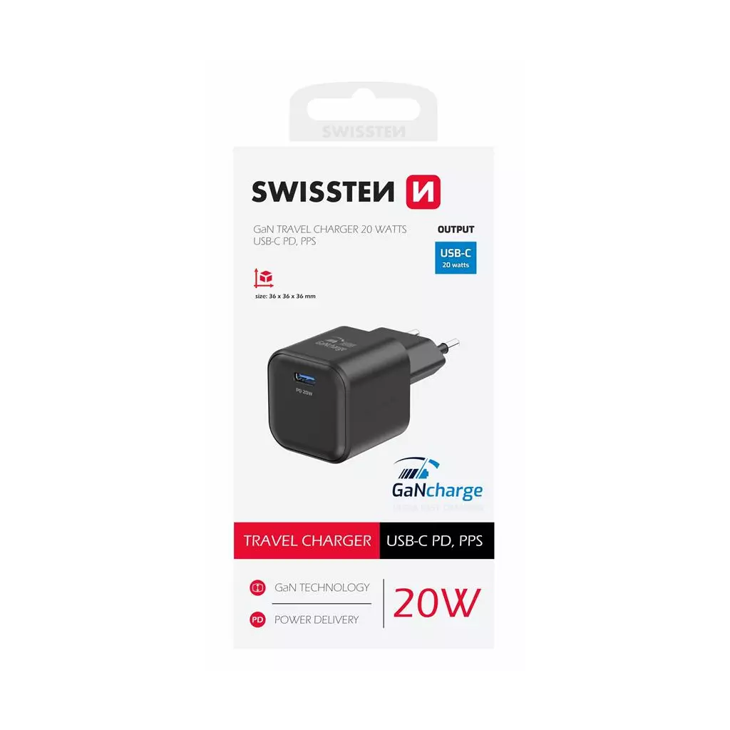 Obrázek produktu Swissten síťový adaptér Gan 1x USB-C 20W power delivery černý
