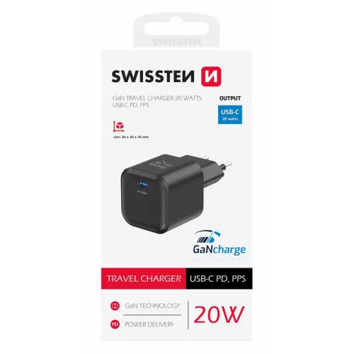 obrázek produktu Swissten síťový adaptér Gan 1x USB-C 20W power delivery černý