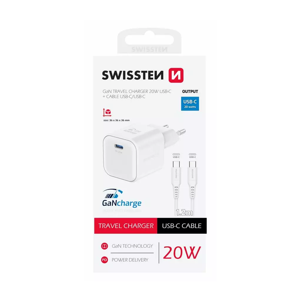 Obrázek produktu Swissten síťový adaptér Gan 1x USB-C 20W power delivery bílý + datový kabel USB-C - USB-C 1,2 m bílý