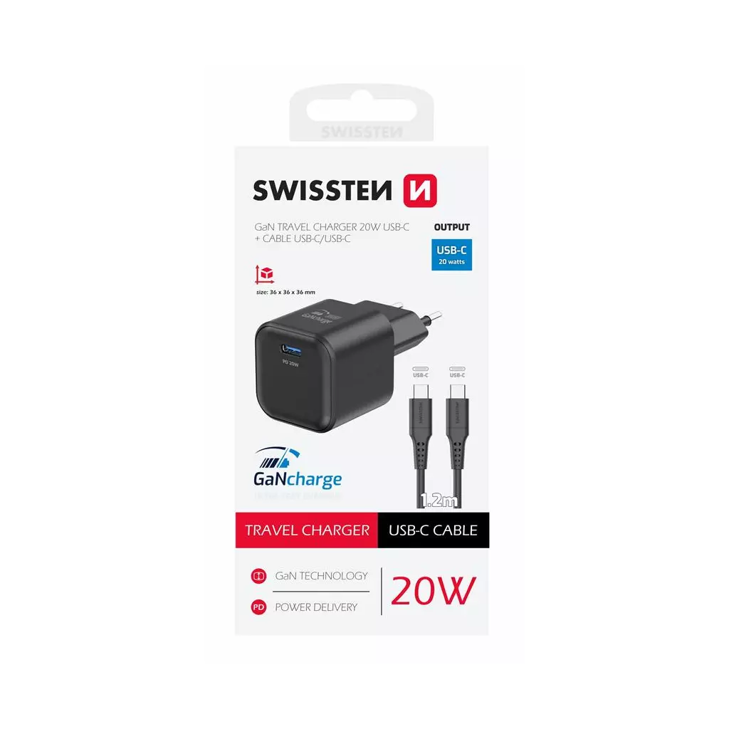 Obrázek produktu Swissten síťový adaptér Gan 1x USB-C 20W power delivery černý + datový kabel USB-C - USB-C 1,2 m černý