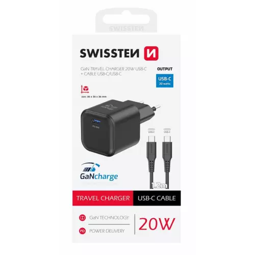 obrázek produktu Swissten síťový adaptér Gan 1x USB-C 20W power delivery černý + datový kabel USB-C - USB-C 1,2 m černý