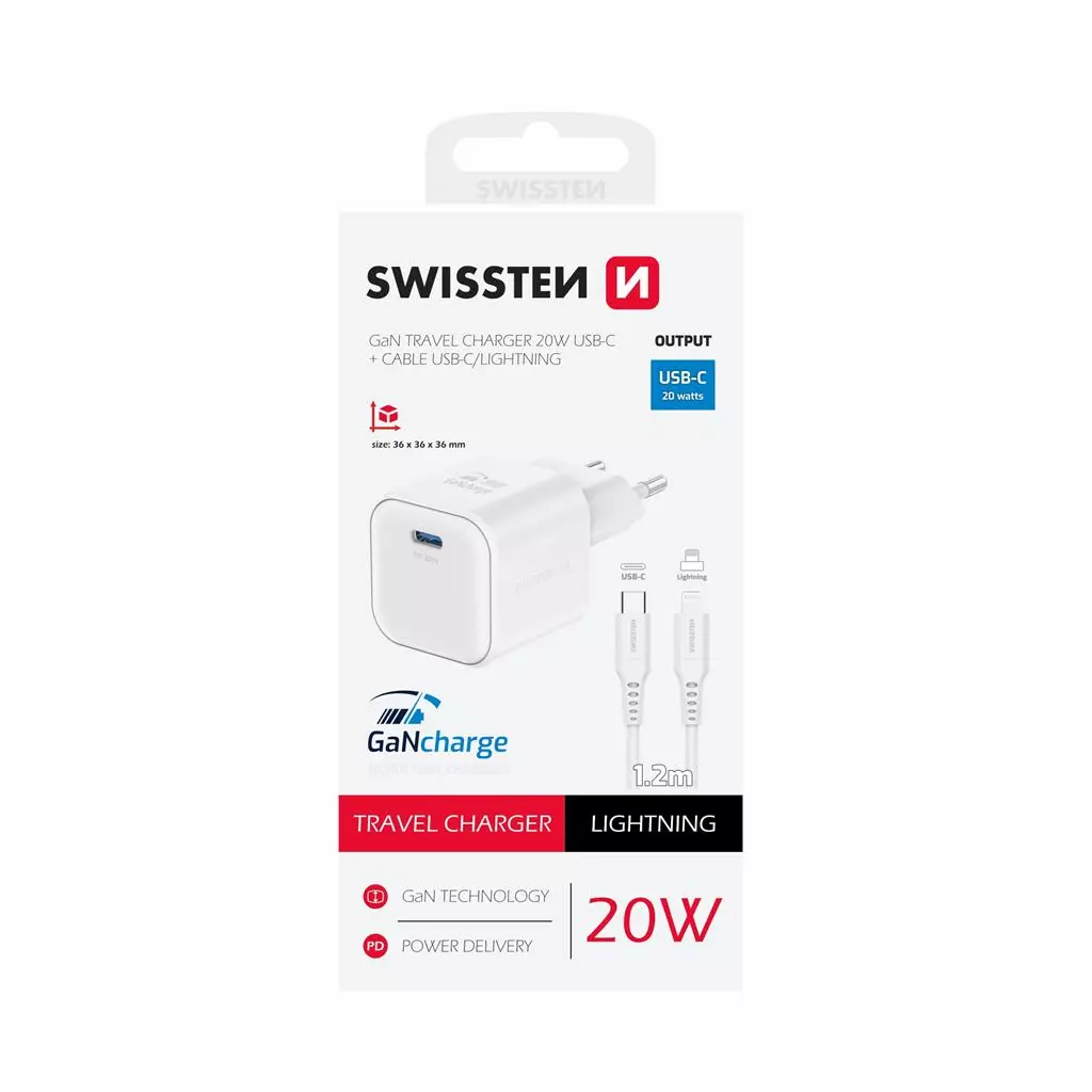 Obrázek produktu Swissten síťový adaptér Gan 1x USB-C 20W power delivery bílý + datový kabel USB-C lightning 1,2 m bílý