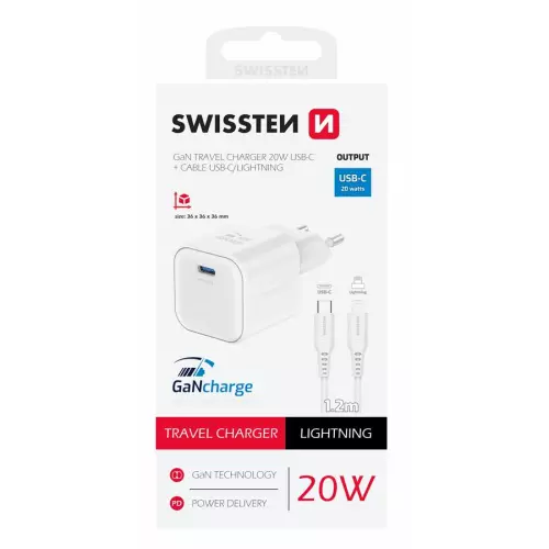 obrázek produktu Swissten síťový adaptér Gan 1x USB-C 20W power delivery bílý + datový kabel USB-C lightning 1,2 m bílý