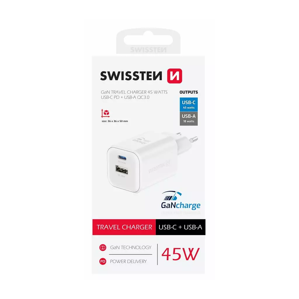 Obrázek produktu Swissten síťový adaptér Gan 1x USB-C 45W pd + 1x USB-A 18W QC bílý