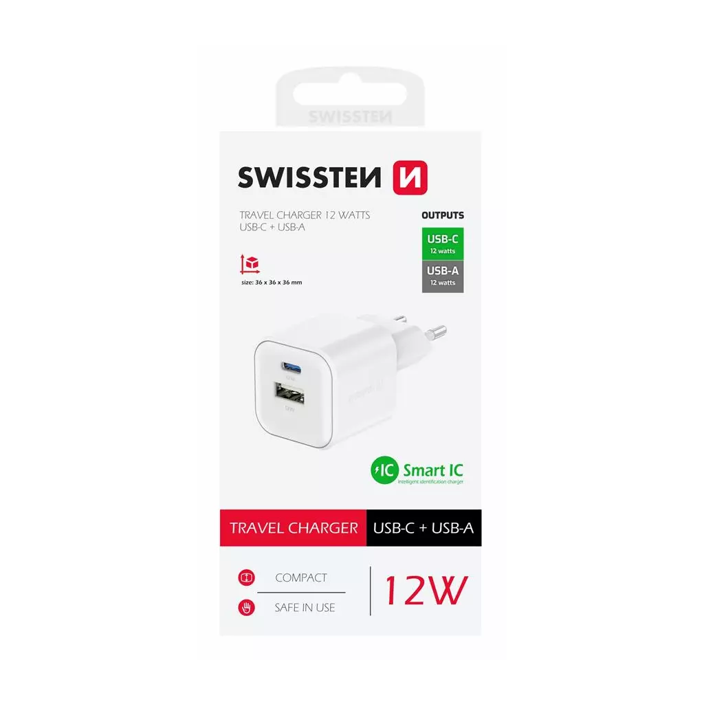 Obrázek produktu Swissten síťový adaptér 12W 1x USB-C + 1x USB-A bílý
