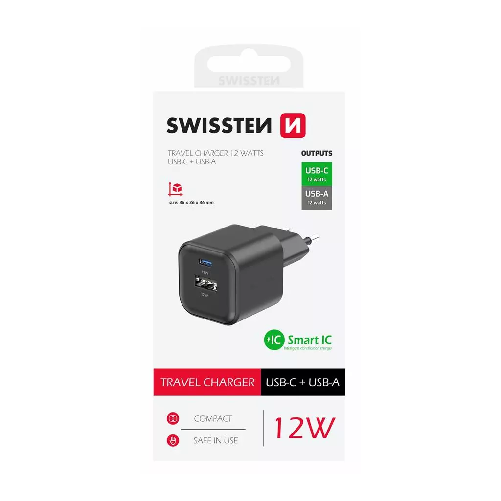 Obrázek produktu Swissten síťový adaptér 12W 1x USB-C + 1x USB-A černý
