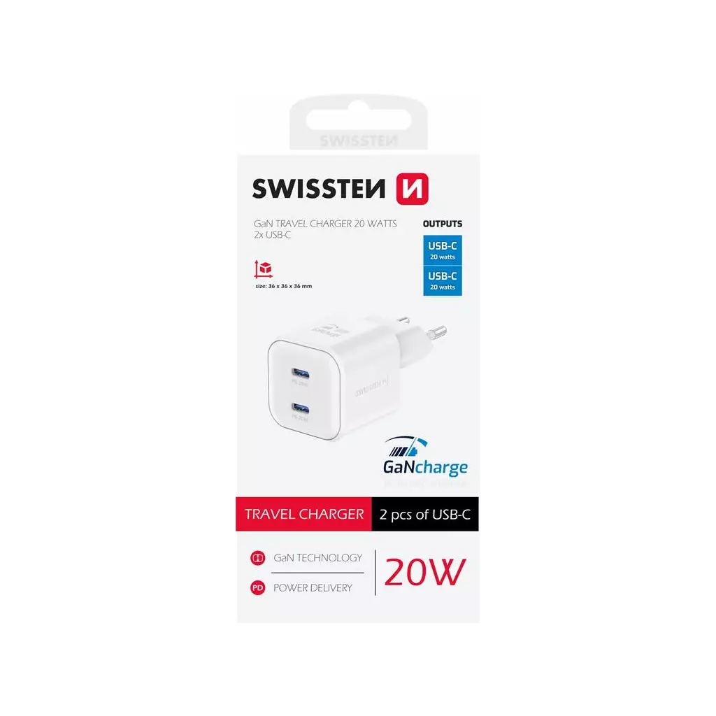 Obrázek produktu Swissten síťový adaptér GaN 2x USB-C 20W power delivery bílý