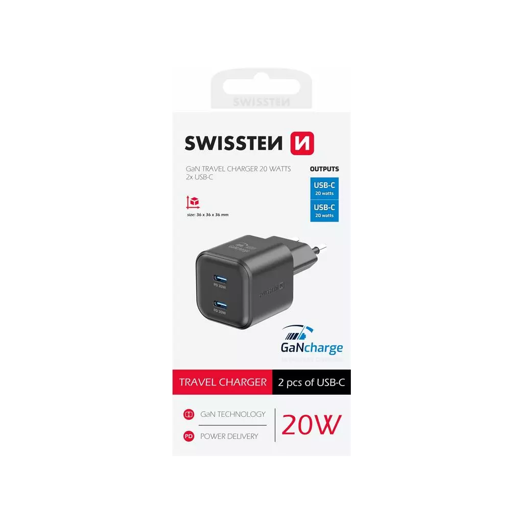 Obrázek produktu Swissten síťový adaptér GaN 2x USB-C 20W power delivery černý
