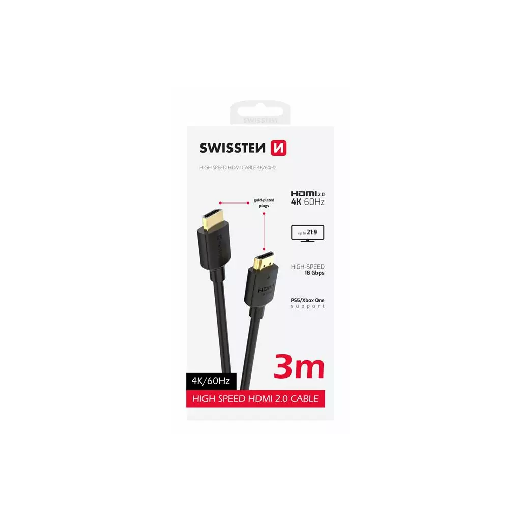 Obrázek produktu Swissten kabel HDMI na HDMI 4k 60hz 3,0 m pvc