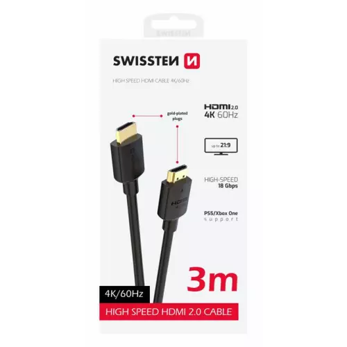 obrázek produktu Swissten kabel HDMI na HDMI 4k 60hz 3,0 m pvc