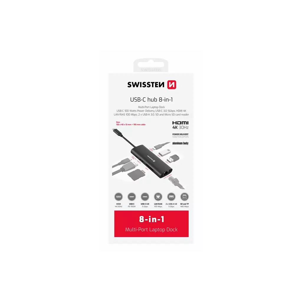 Obrázek produktu Swissten USB-C hub 8-in-1 (USB-C 100W, HDMI 4k, lan rj45, 2x USB-A, 1x USB-C 5gbps, sd, micro sd) aluminium