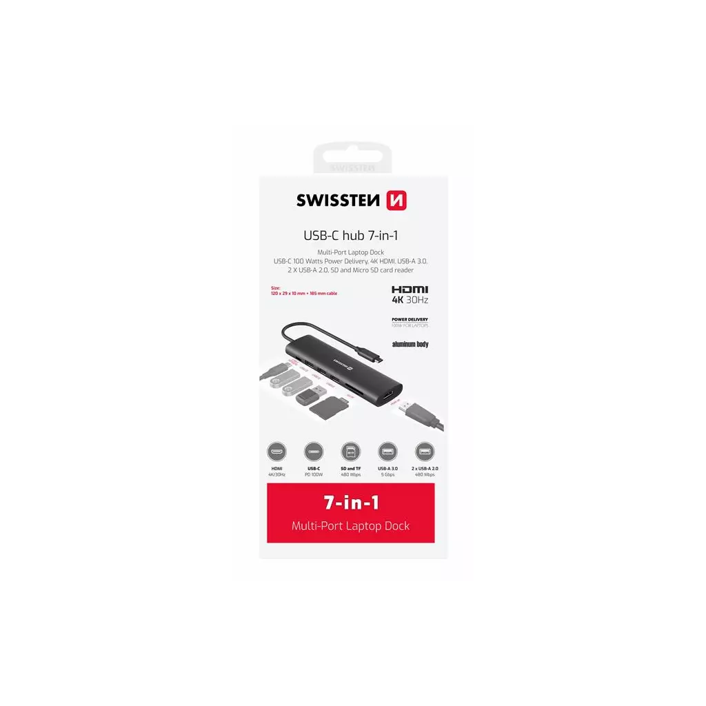 Obrázek produktu Swissten USB-C hub 7-in-1 (USB-C 100W, HDMI 4k, 1x USB-A 3.0, 2x USB-A 2.0, sd, micro sd) aluminium