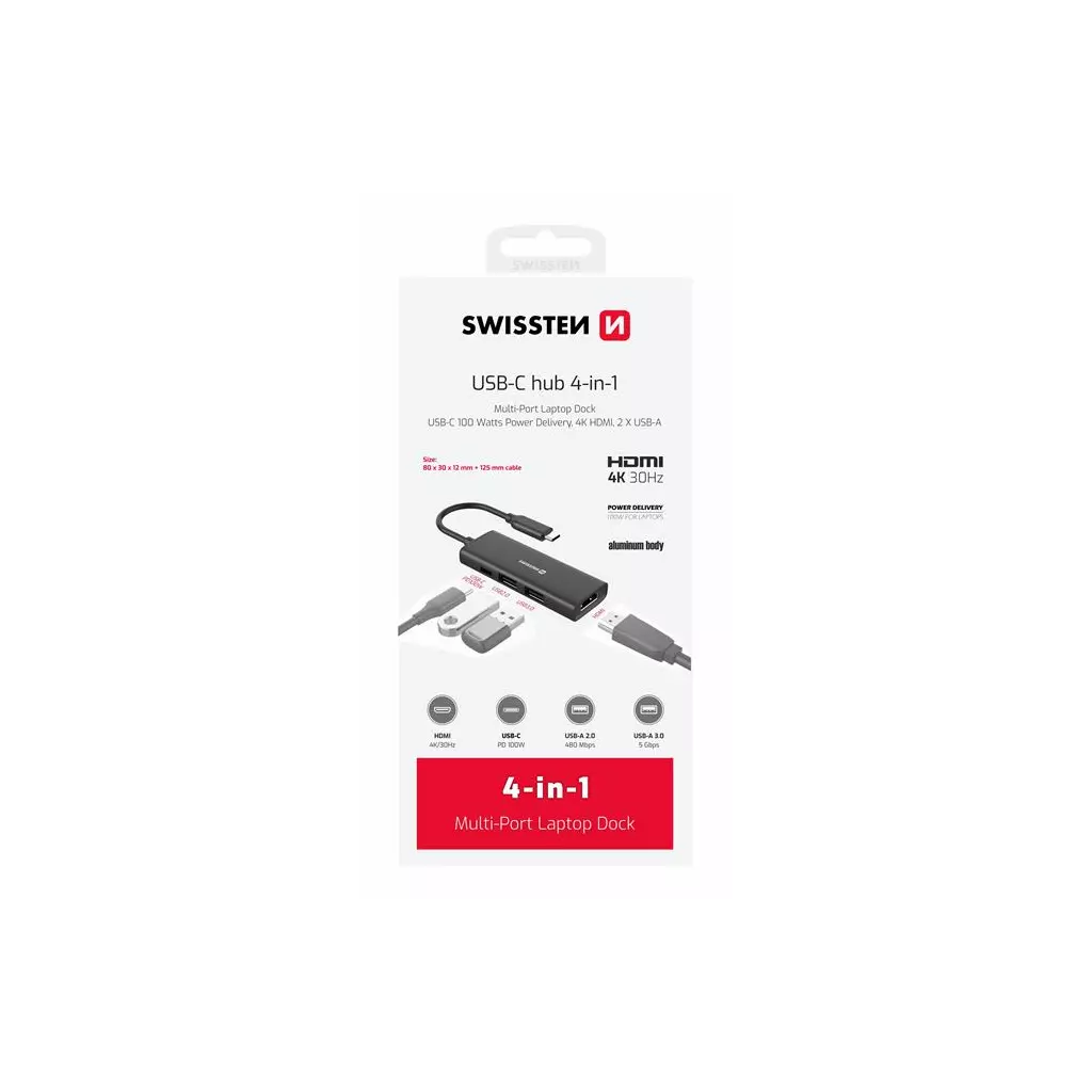 Obrázek produktu Swissten USB-C hub 4-in-1 (USB-C 100W, HDMI 4k, 2x USB-A) aluminium