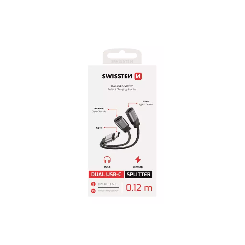 Obrázek produktu Swissten nabíjecí audio adaptér textile USB-C (samec) 2x USB-C (samice) 0,12m černý
