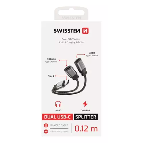 obrázek produktu Swissten nabíjecí audio adaptér textile USB-C (samec) 2x USB-C (samice) 0,12m černý
