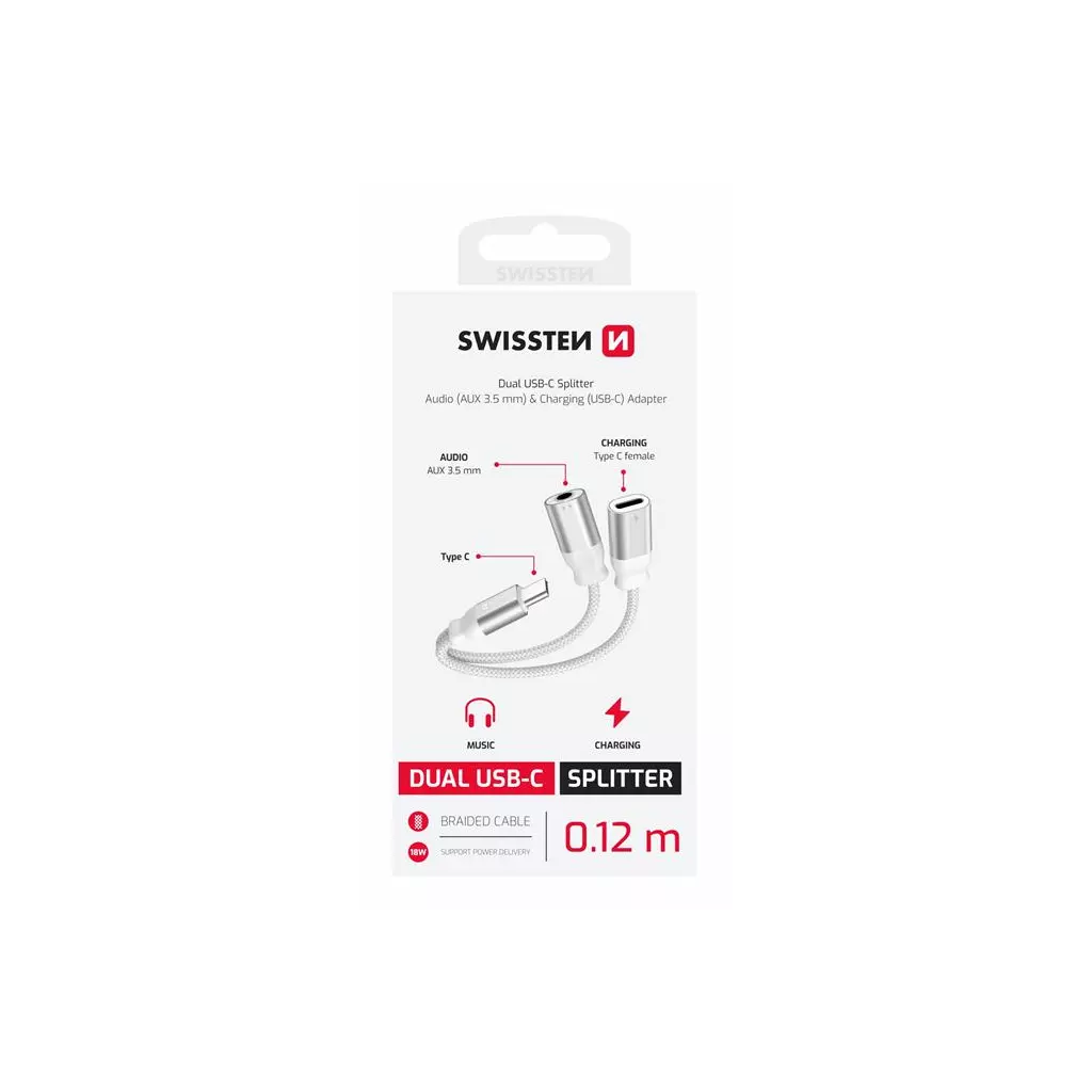 Obrázek produktu Swissten nabíjecí audio adaptér textile USB-C (samec) USB-C (samice) a 3,5mm aux 0,12m bílý