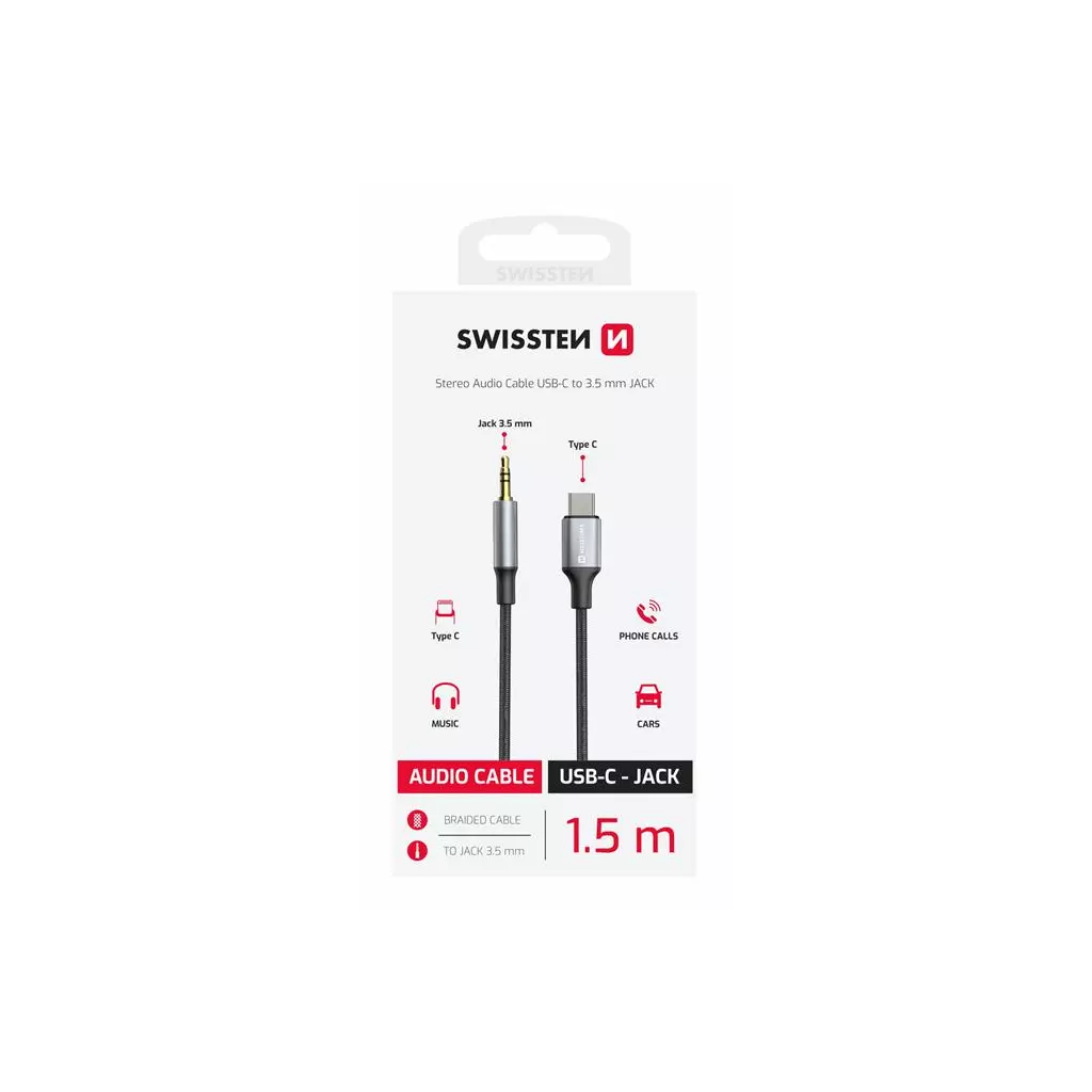 Obrázek produktu Swissten audio adaptér textile USB-C (samec) 3,5 mm jack (samec) 1,5m černý 