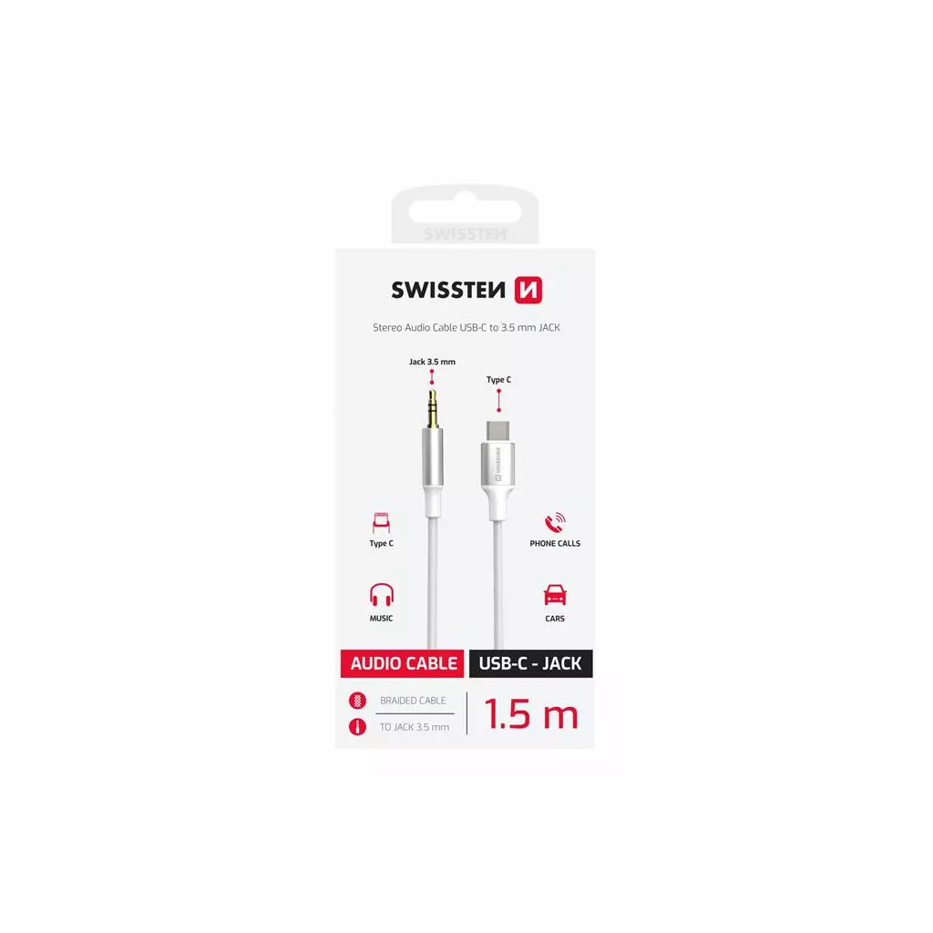 Obrázek produktu Swissten audio adaptér textile USB-C (samec) 3,5 mm jack (samec) 1,5m bílý
