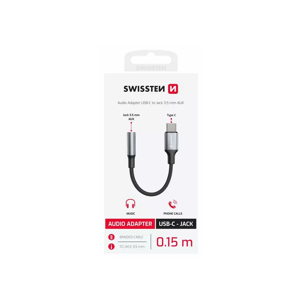 Obrázek produktu Swissten audio adaptér textile USB-C (samec) 3,5mm aux 0,15m černý 