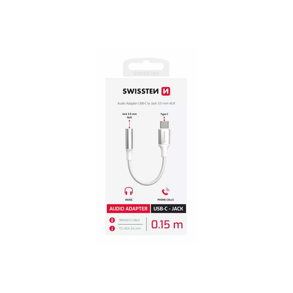 Obrázek produktu Swissten audio adaptér textile USB-C (samec) 3,5mm AUX 0,15 M bílý (nahrazuje 73501302)