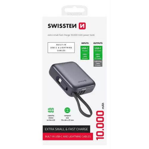 obrázek produktu Swissten Powerbank 10000 mAh s integrovanými kabely USB-C, Lightning vesmírně stříbrná