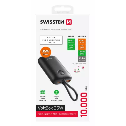 obrázek produktu Swissten Powerbank 10000 mAh Voltbox 35W s integrovaným kabelem USB-C a Lightning černá