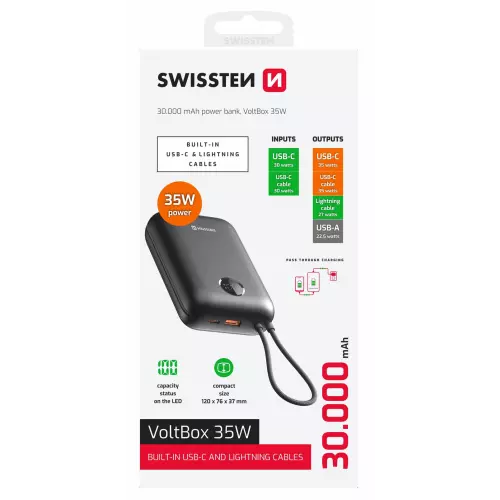 obrázek produktu Swissten Powerbank 30000 mAh Voltbox 35W s integovanými kabely USB-C a Lightning černá