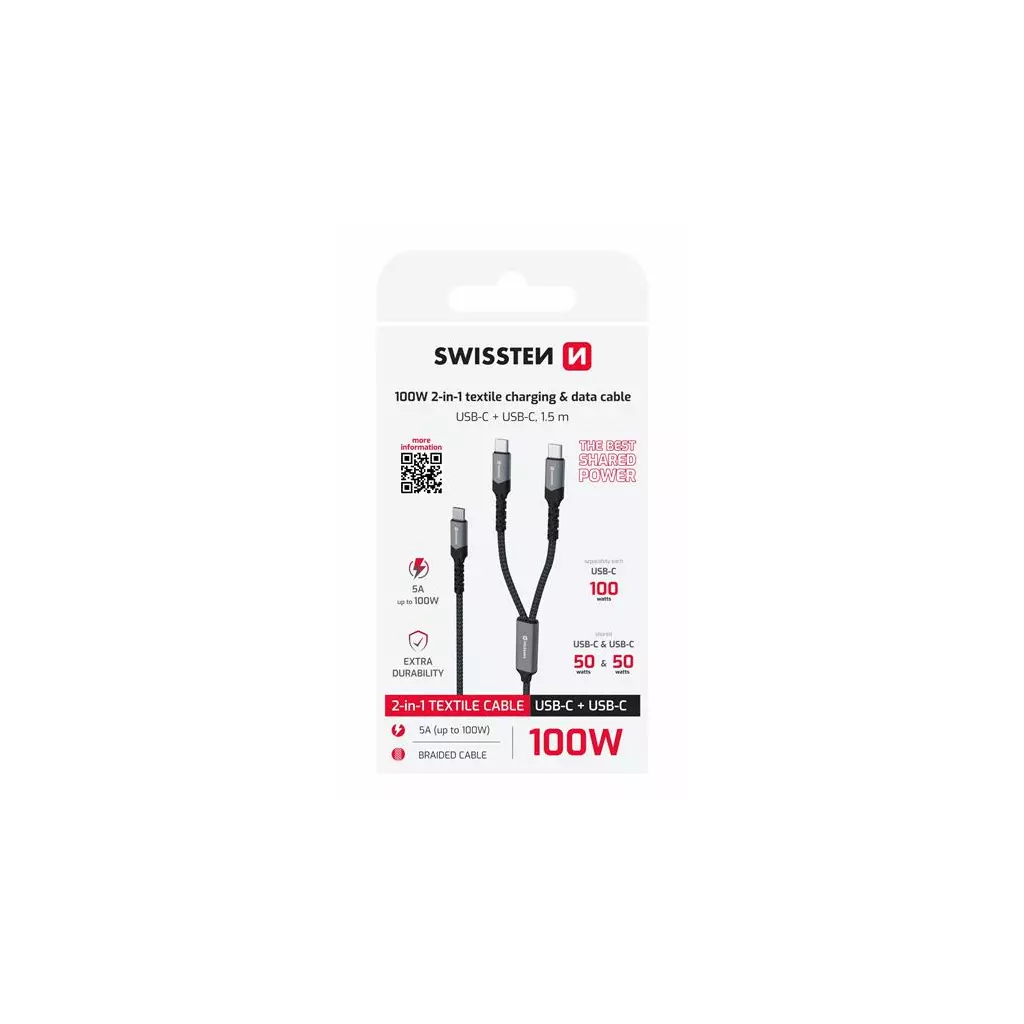 Obrázek produktu Swissten nabíjecí kabel 2v1 100W USB-C / 2x USB-C 1,5 M černý