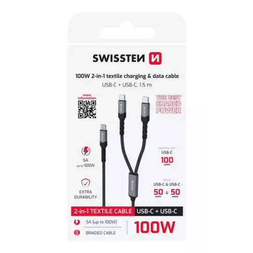 obrázek produktu Swissten nabíjecí kabel 2v1 100W USB-C / 2x USB-C 1,5 M černý