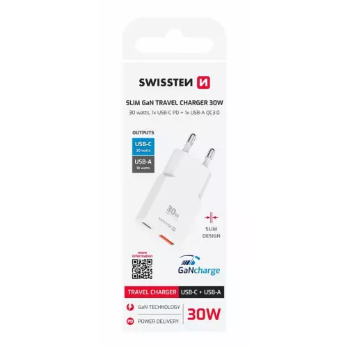 obrázek produktu Swissten tenký síťový adaptér GaN USB-C + USB-A 30W bílý