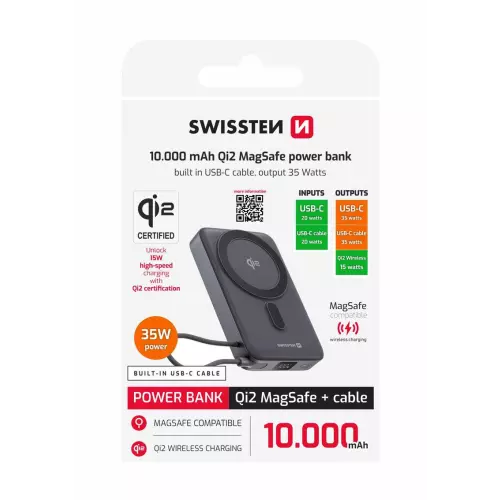 obrázek produktu Swissten Power Bank MagSafe Qi2 10000 mAh 15W s integrovaným kabelem USB-C