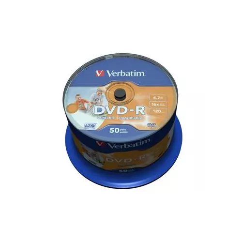 obrázek produktu Verbatim DVD-R 4,7GB 16x, 50ks - média, Wide Inkjet Printable No ID Brand, AZO, spindle 43533