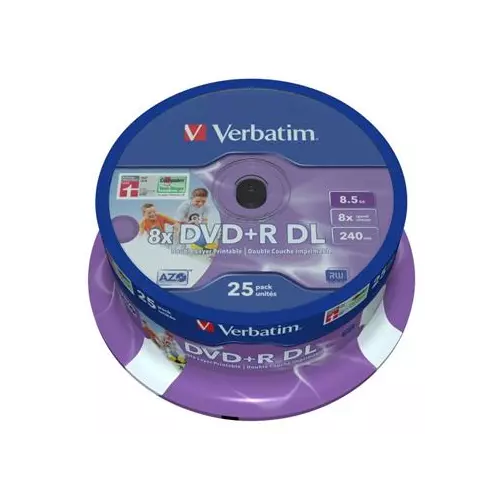 obrázek produktu Verbatim DVD+R 8,5GB 8x Printable DoubleLayer, 25ks - média, AZO, potisknutelné, dvouvrstvé, spindle 43667