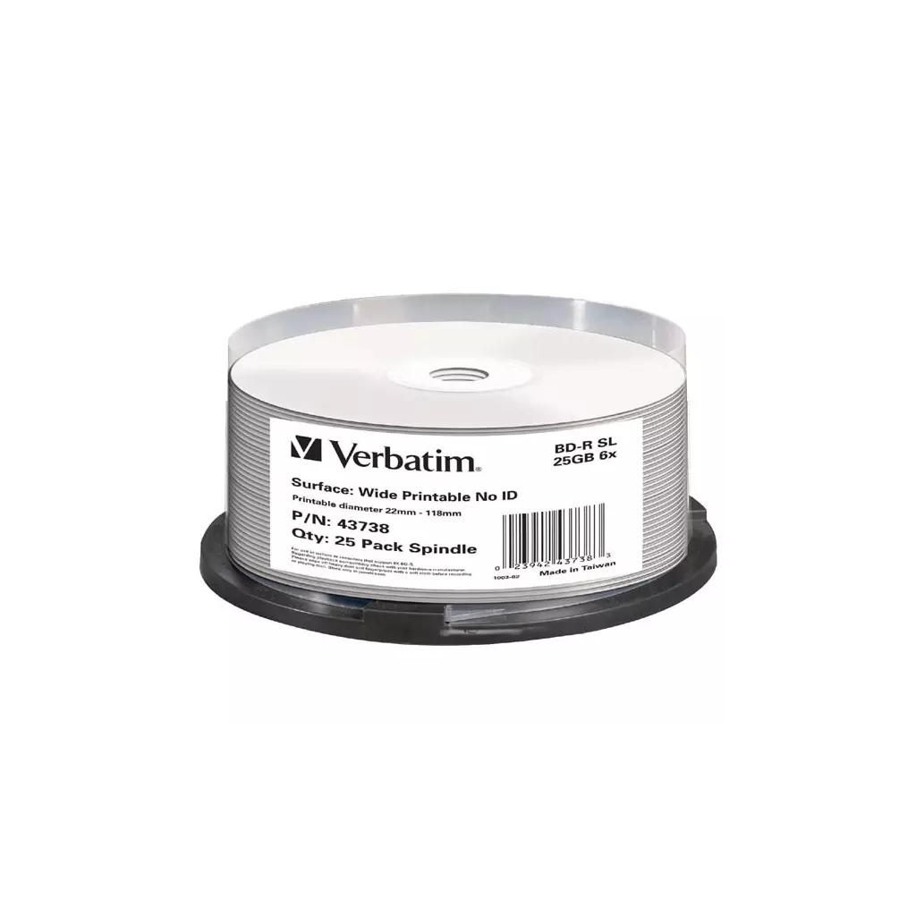 Obrázek produktu Verbatim BD-R, Single Layer Wide Printable No ID Surface Hard Coat, 25GB, cake box, 43738, 6x, 25-pack, pro archivaci dat