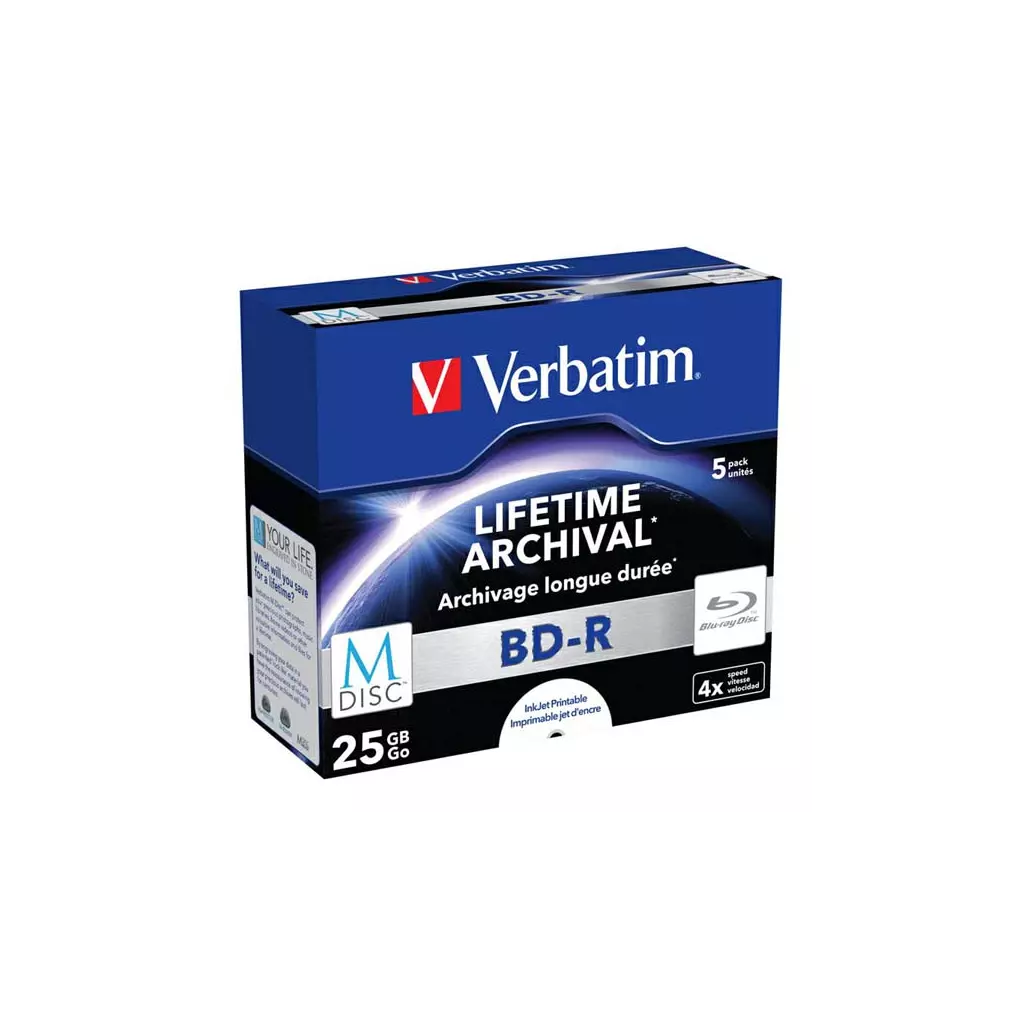 Obrázek produktu Verbatim M-DISC BD-R, Single layer Single layer/Injekt printable, 25GB, jewel box, 43823, 4x, 5-pack, pro archivaci dat