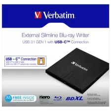 obrázek produktu Verbatim externí Blu-Ray mechanika, 43889, USB 3.1, USB-C, ZDARMA 25GB MDISC