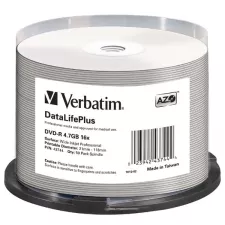 obrázek produktu Verbatim DVD-R, DataLifePlus Wide Inkjetr Printable, 43744, 4.7GB, 16X, cake box, 50-pack, 12cm, pro archivaci dat