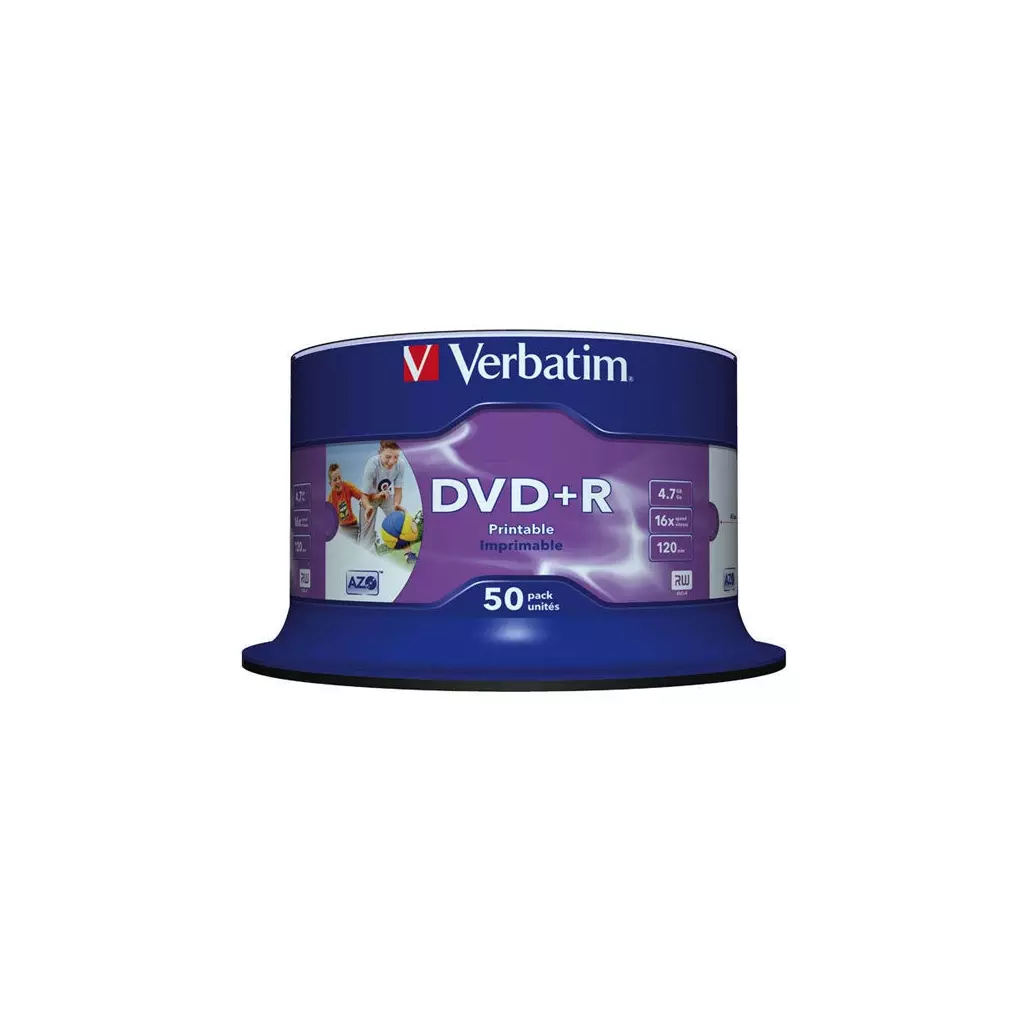 Obrázek produktu Verbatim DVD+R, Wide Inkjet Printable No ID Brand, 43512, 4.7GB, 16x, spindle, 50-pack, 12cm, pro archivaci dat