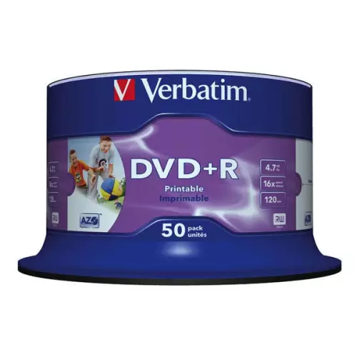obrázek produktu Verbatim DVD+R, Wide Inkjet Printable No ID Brand, 43512, 4.7GB, 16x, spindle, 50-pack, 12cm, pro archivaci dat