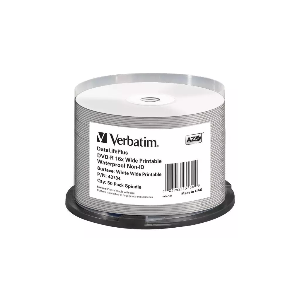 Obrázek produktu Verbatim DVD-R, Wide Printable Waterproof No ID Brand, 43734, 4.7GB, 16x, spindle, 50-pack, 12cm, pro archivaci dat