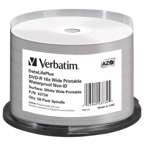 obrázek produktu Verbatim DVD-R, Wide Printable Waterproof No ID Brand, 43734, 4.7GB, 16x, spindle, 50-pack, 12cm, pro archivaci dat