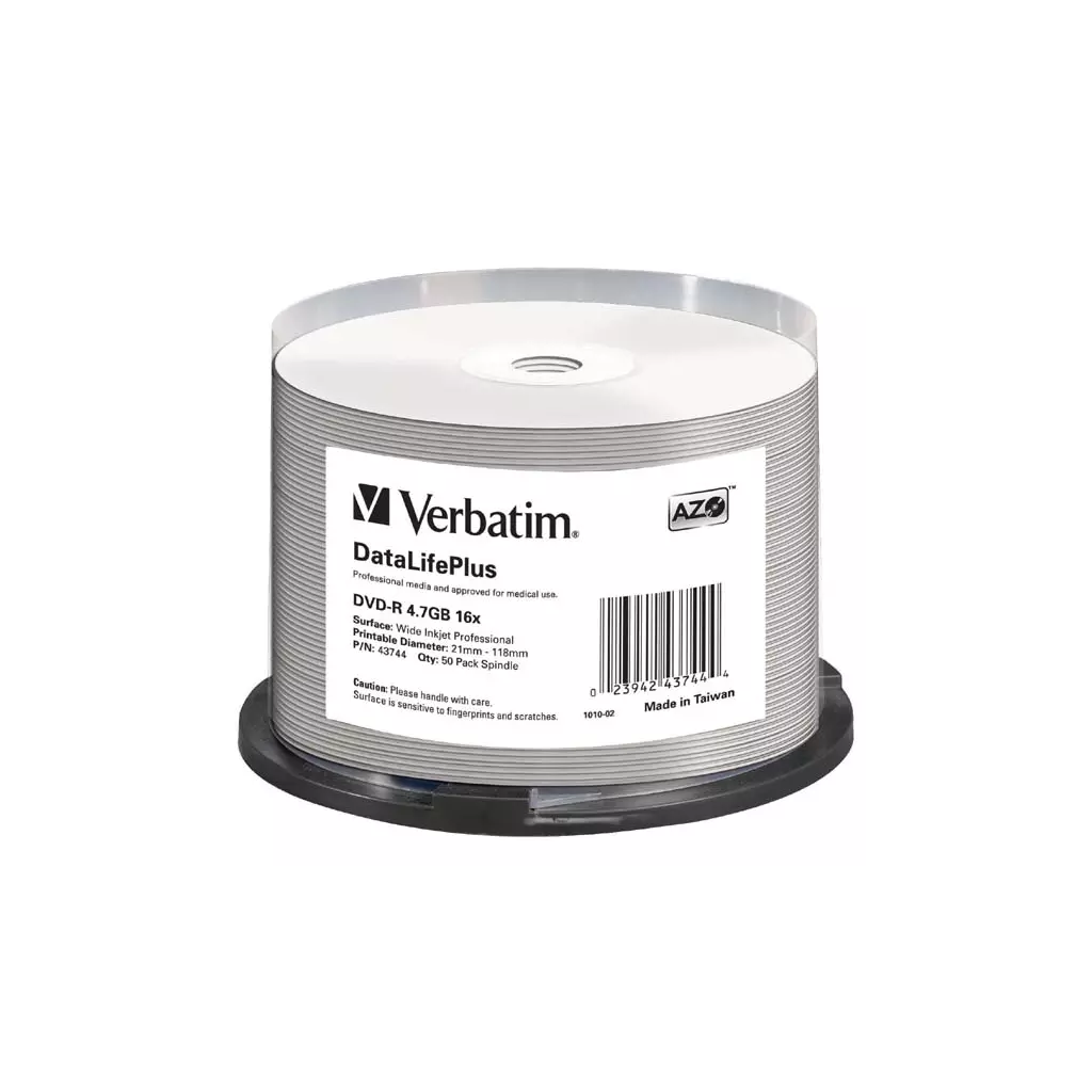 Obrázek produktu Verbatim DVD-R, DataLifePlus Wide Inkjetr Printable, 43744, 4.7GB, 16X, cake box, 50-pack, 12cm, pro archivaci dat