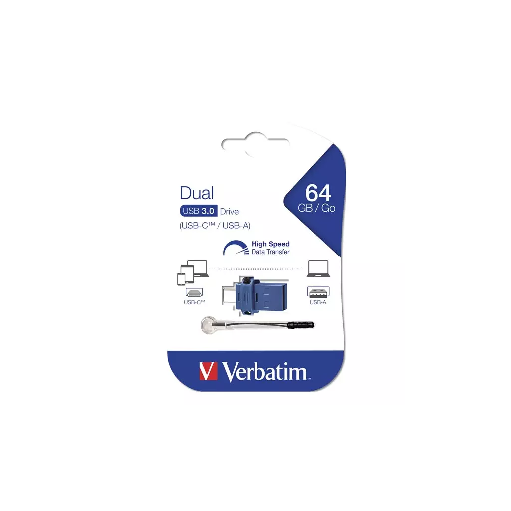 Obrázek produktu Verbatim USB flash disk OTG, USB 3.0, 64GB, Dual, modrý, 49967, USB A / USB C, s poutkem