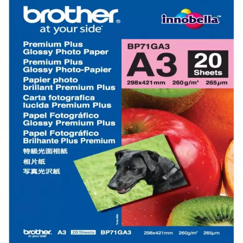 obrázek produktu Brother Glossy Photo Paper, BP71GA3, foto papír, lesklý, bílý, A3, 260 g/m2, 20 ks, inkoustový