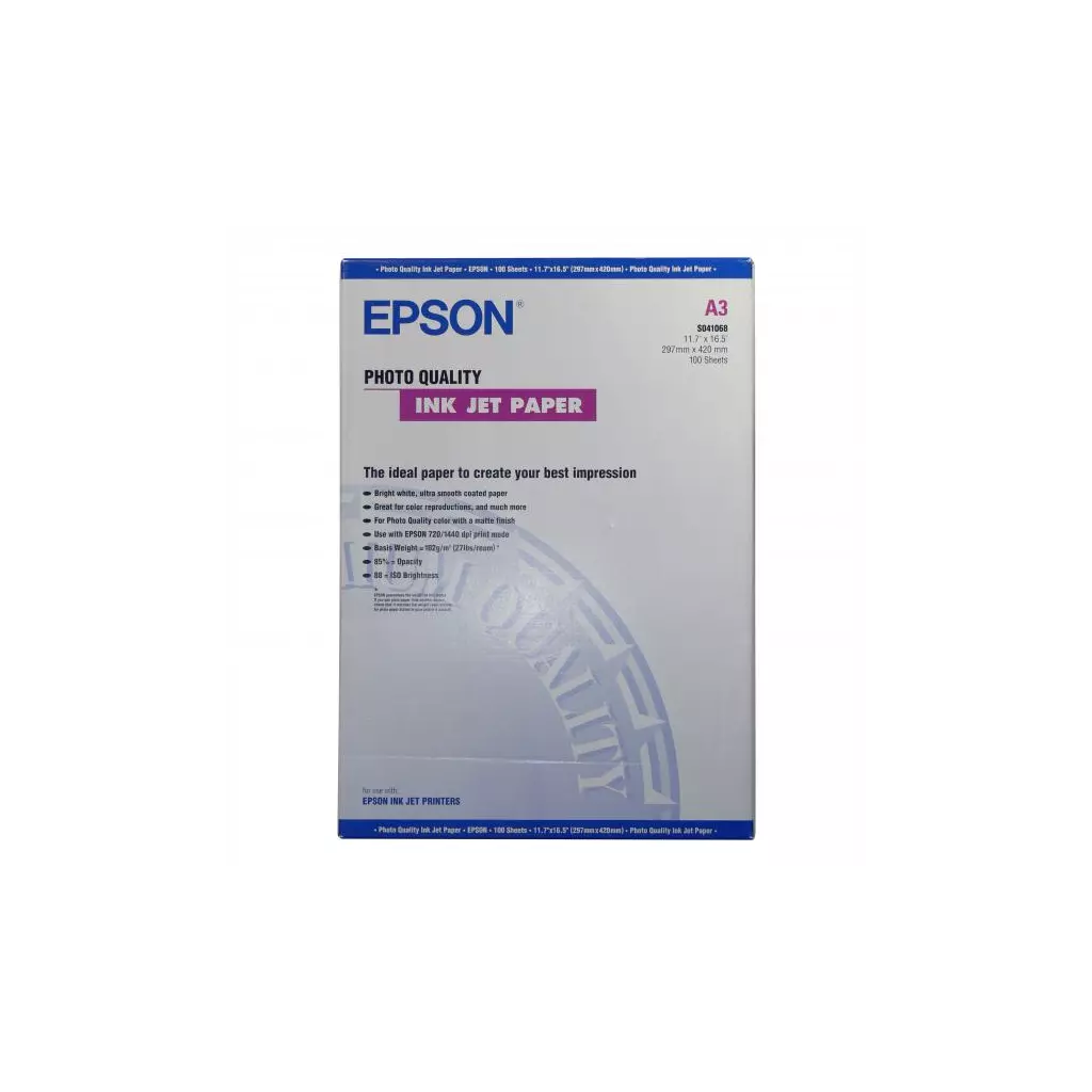 Obrázek produktu Epson Photo Quality InkJet Paper, C13S041068, foto papír, matný, bílý, A3, 105 g/m2, 720dpi, 100 ks, inkoustový